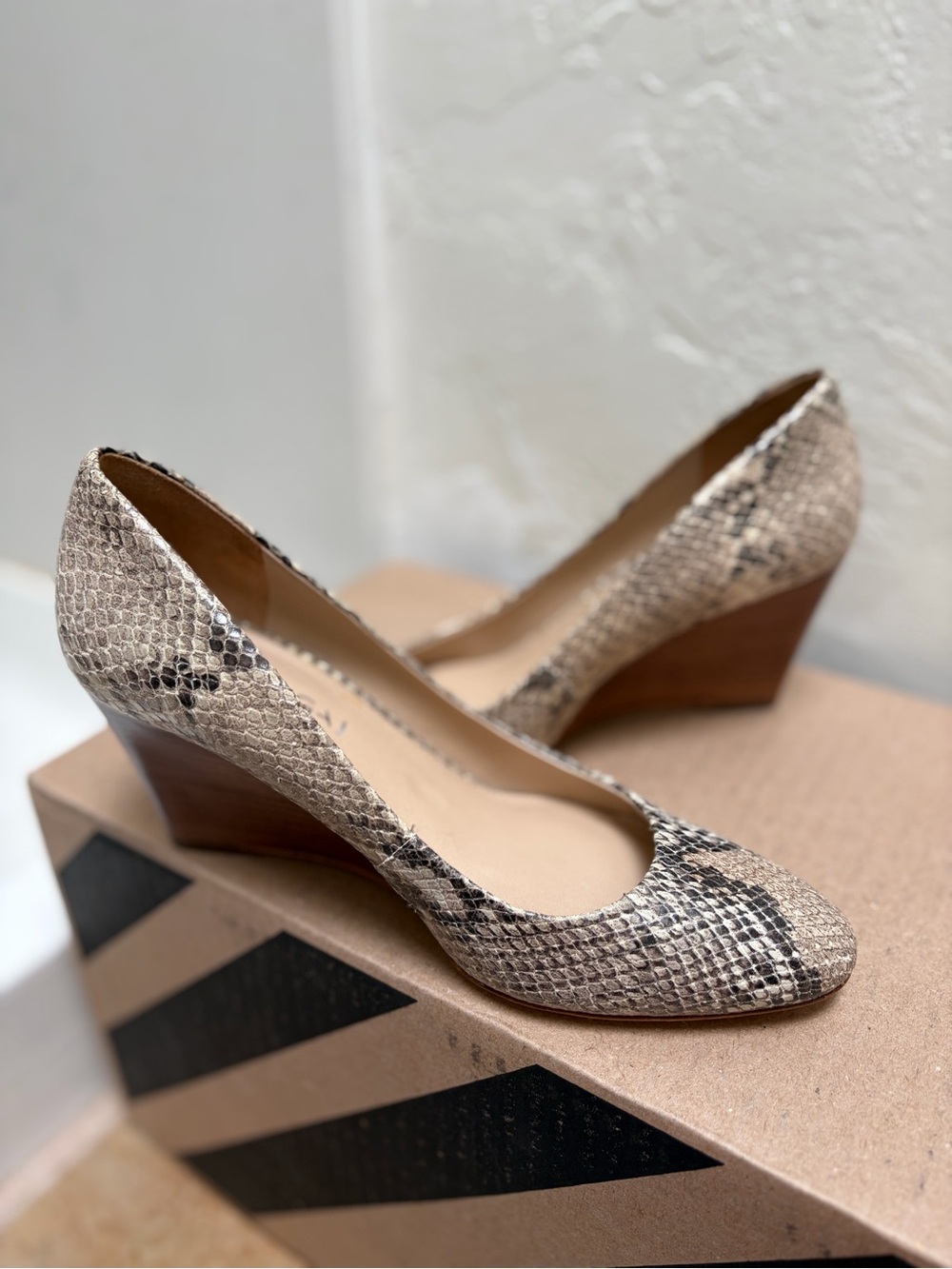 Via Spiga Beige Snake-Print Wedge Pumps